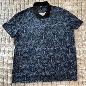Express Tropical Print Polo Shirt Blue and Black size L NWT